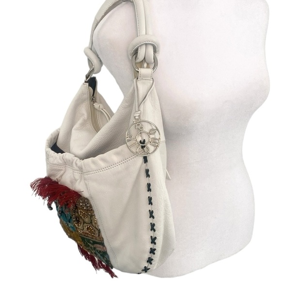 Ditmo White Leather Embroidered Tassel Fringe Shoulder Bag - Picture 2 of 15
